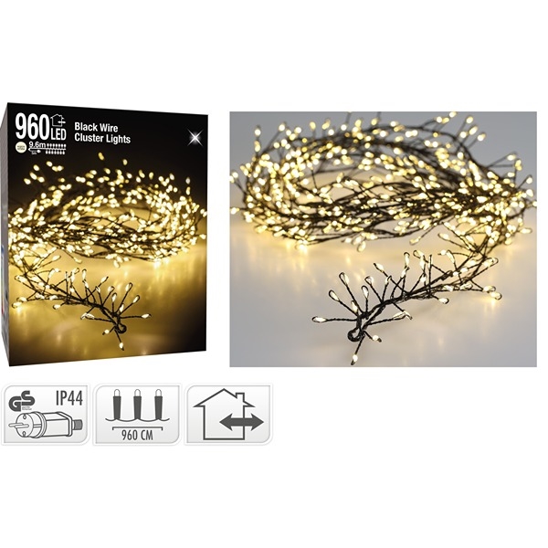 LED Micro Cluster Black Wire Lyskjede 9,6 m 960 LED, Varmhvit 