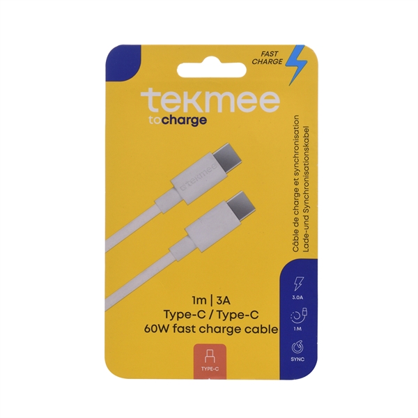 Tekmee 1 meter ladekabel, Type-C til Type-C, Hvit  