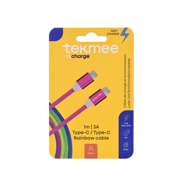 Tekmee 1 meter ladekabel, Type-C til Type-C, Rainbow 