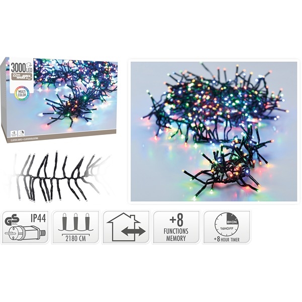 LED Cluster String Lights 21,8 m 3000 LED, Flerfarget 