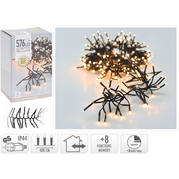 LED Cluster String Lights 4 m 576 LEDs, Ekstra Varm Hvit 