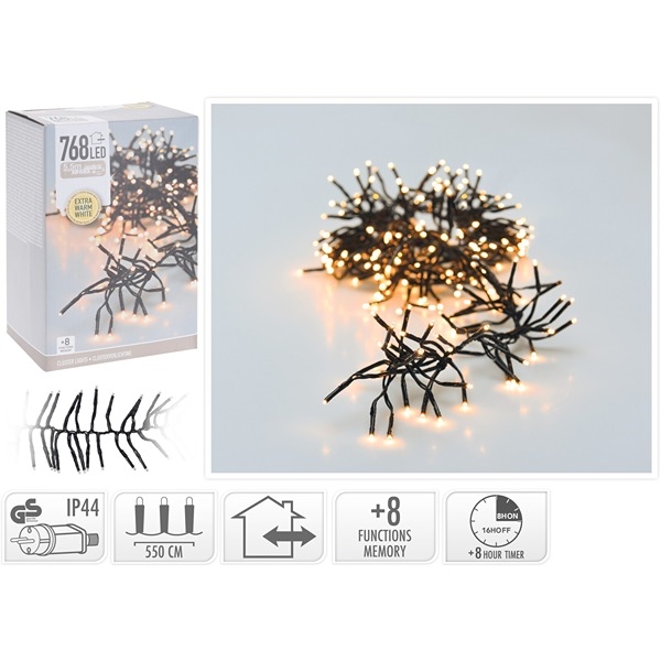 LED Cluster String Lights 5,5 m 768 LEDs, Ekstra Varm Hvit  