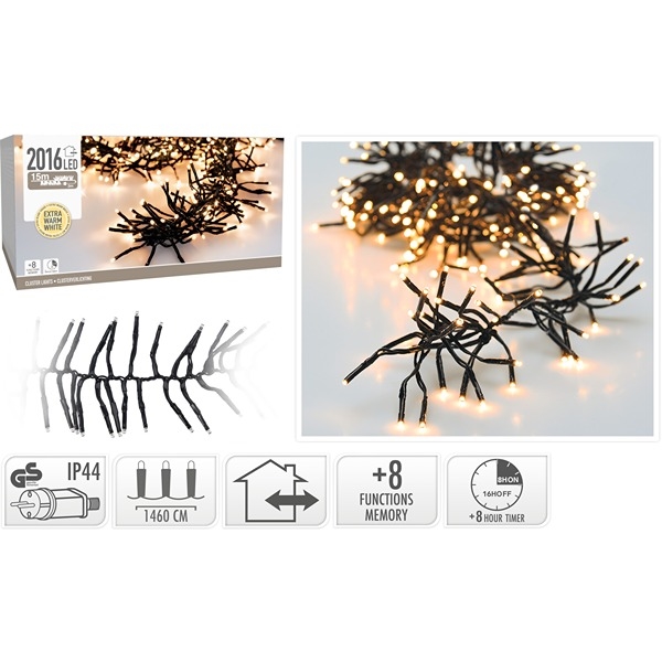 LED Cluster String Lights 14,6 m 2016 LED, Ekstra Varm Hvit  